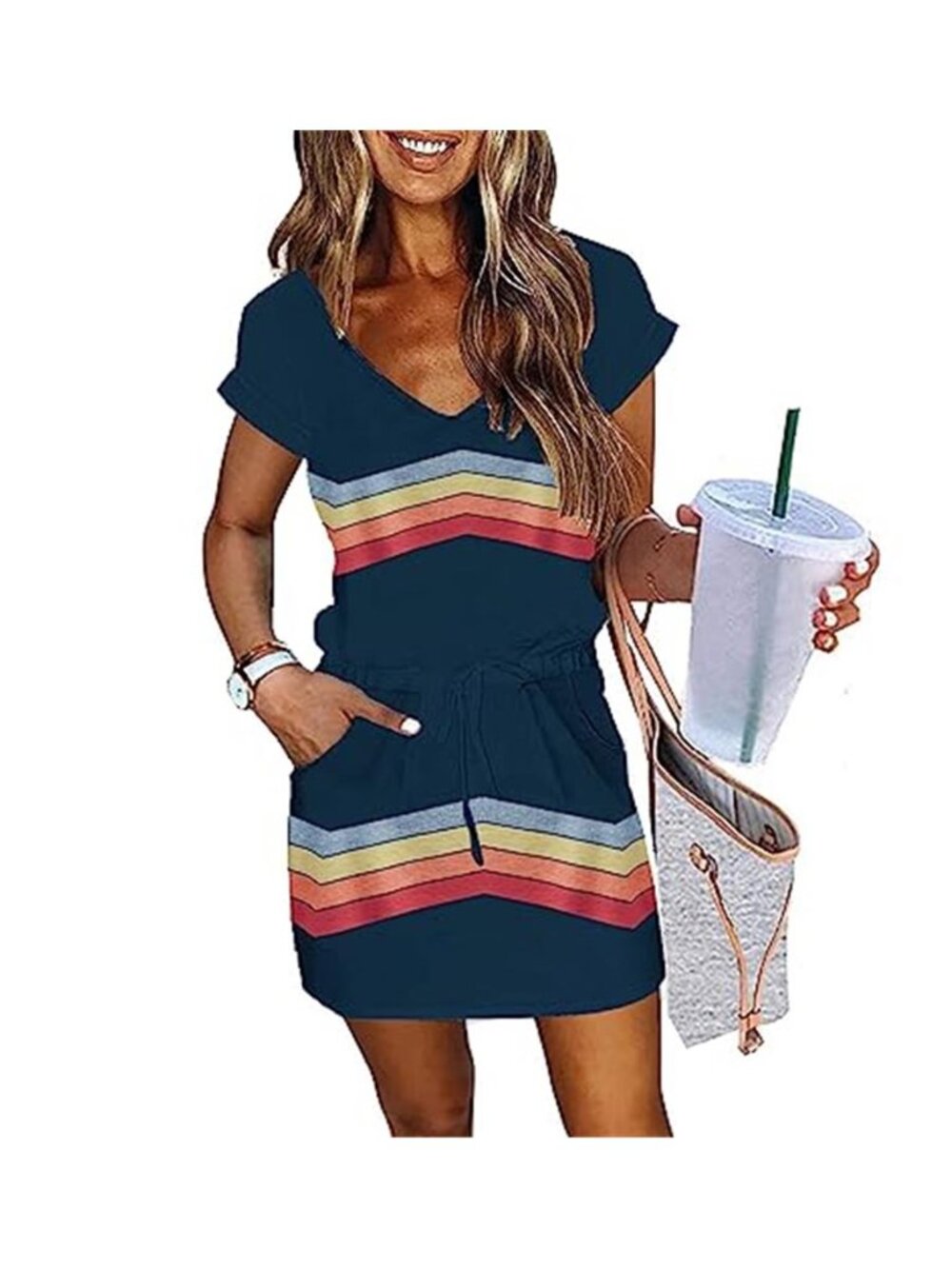 Womens Summer Dress Lantern Sleeve V Neck Tie Front Drawstring Mini Dress